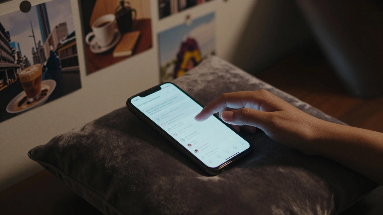 A hand typing on a phone with a glowing screen, surrounded by elegant personal items in dim, moody light.
