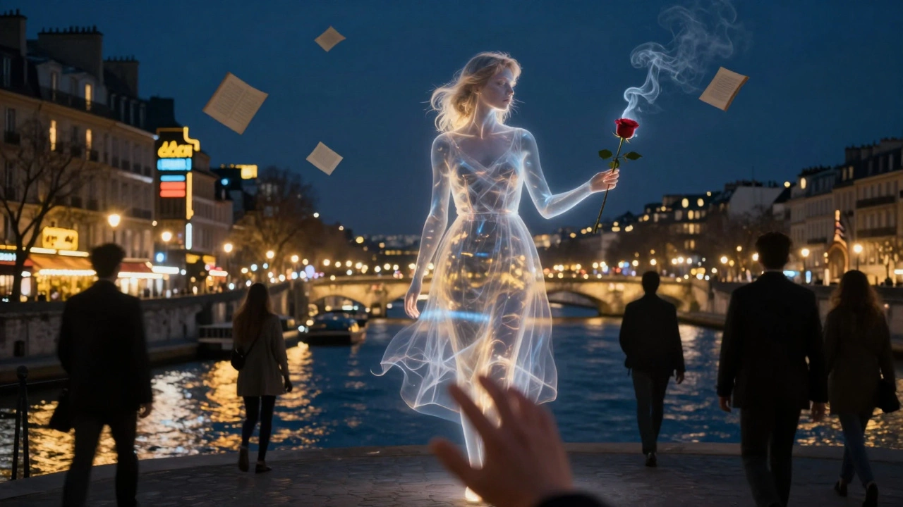 A luminous figure made of city lights stands on the Seine, dissolving into smoke as shadows walk away.