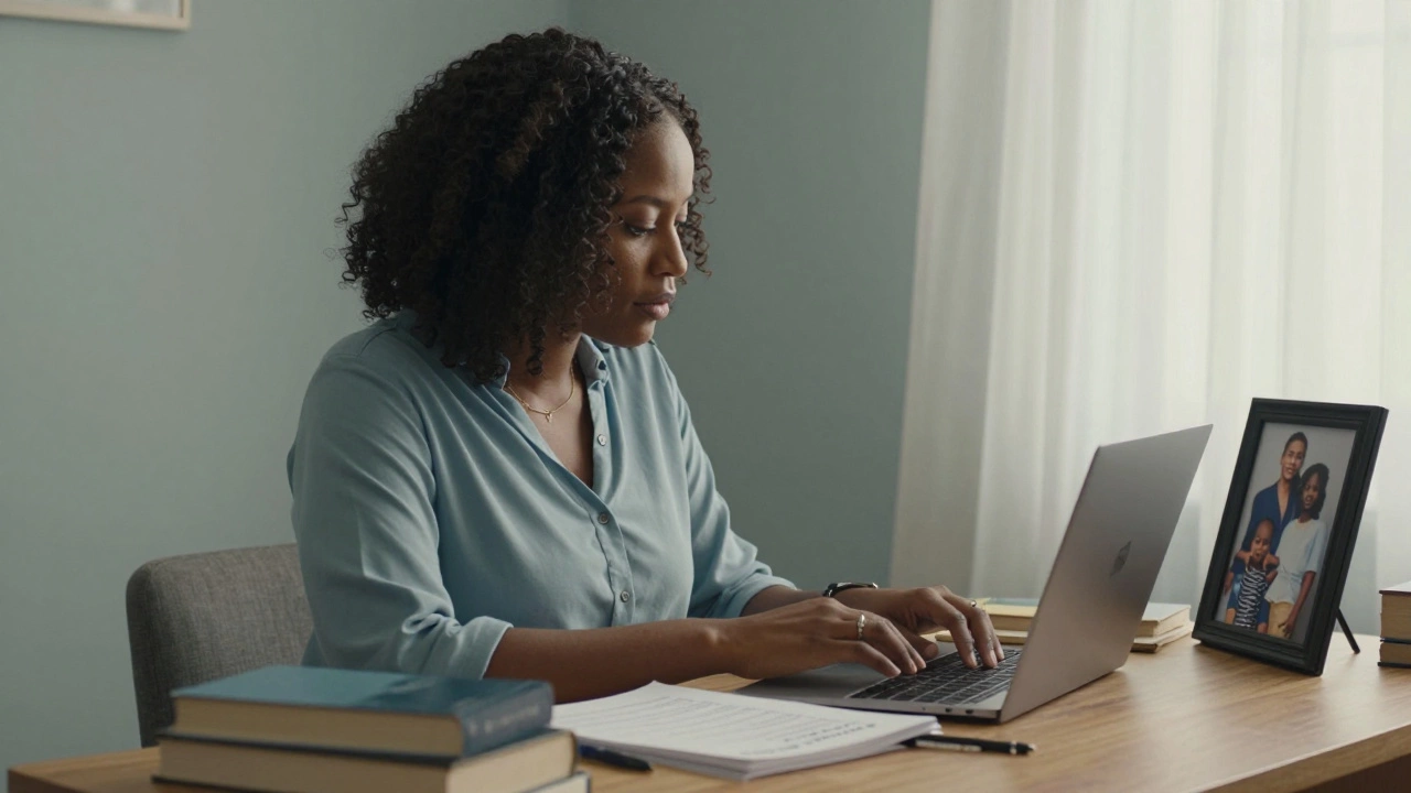 A woman studying French at a desk in Lagos, surrounded by books and a family photo in soft daylight.
