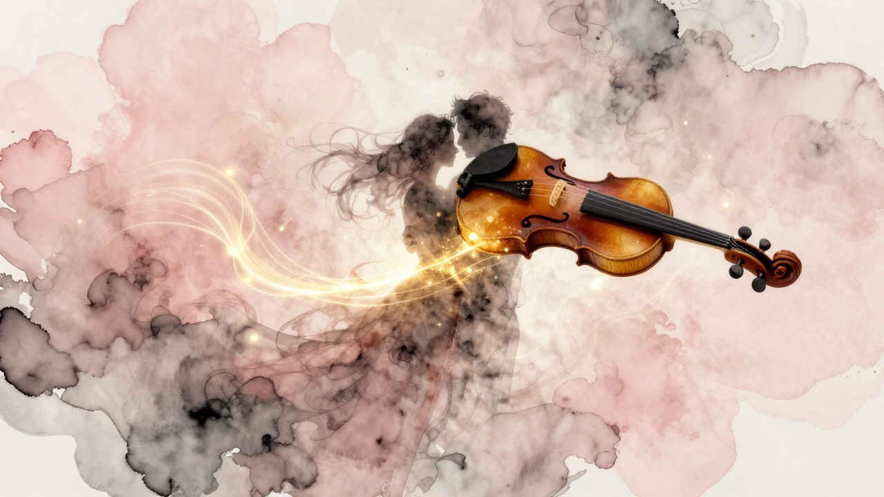 An abstract art piece of a glowing violin whose vibrations become embracing figures, painted in watercolor and ink.