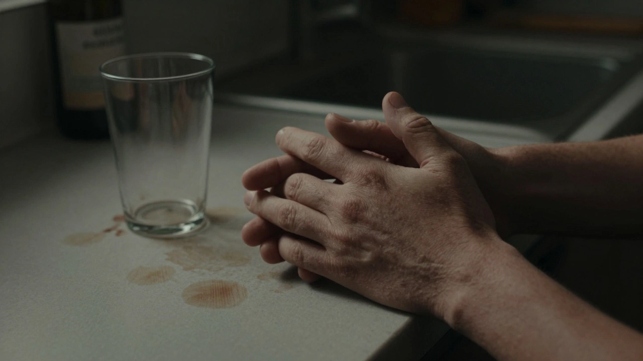Two hands clasped in a dim kitchen, wine stains on the counter, no faces shown, only touch and stillness.