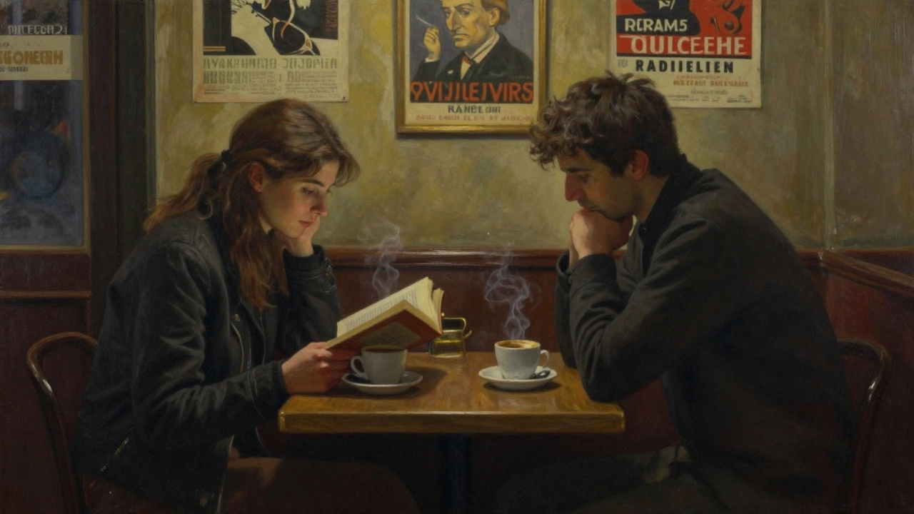 Two people sit quietly in a dim Parisian café, sharing a moment of unspoken understanding over coffee.